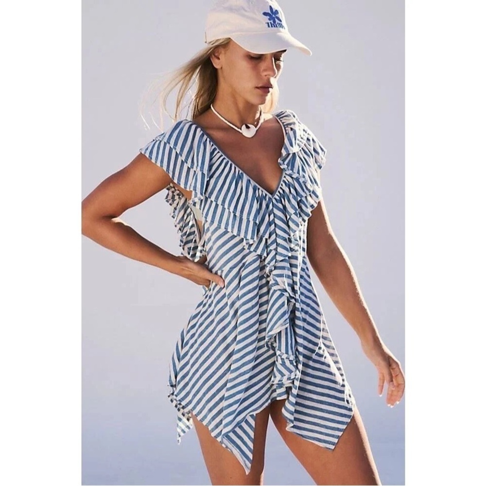 FP Beach Soft Blue Striped Tunic/Dress/Coverup. Open Back Detail, Ruffle Front.